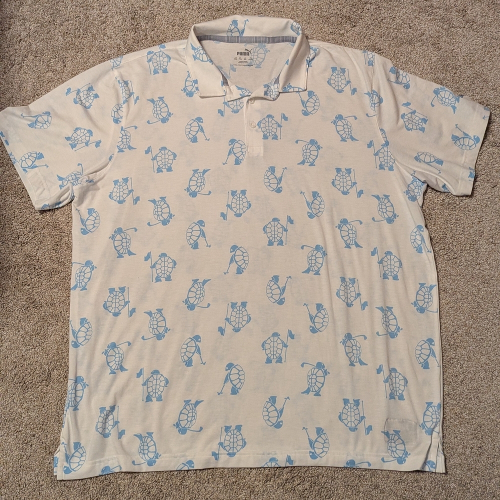 Puma White and Blue Polo Shirt with Playful Pattern